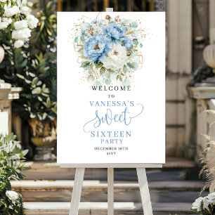 Blauw en goud pioenrozen Sweet Sixteen Welkom Poster