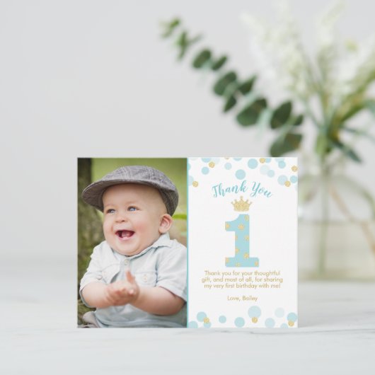 Blauw en Goud Prins 1e verjaardag Kaart (Staand voorkant)