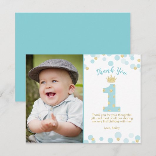 Blauw en Goud Prins 1e verjaardag Kaart (Voorkant / Achterkant)