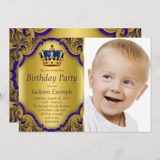 Blauw en Goud Prins Verjaardagsfeest Kaart (Voorkant / Achterkant)