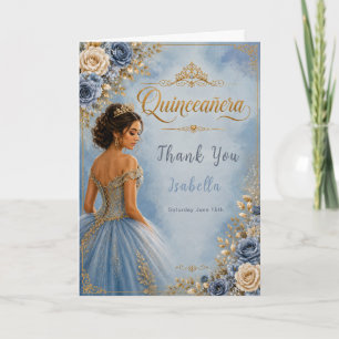Blauw en goud Quinceañera Bedankkaart