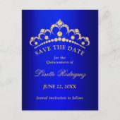 Blauw en goud Quinceanera Save The Date Briefkaart (Voorkant)