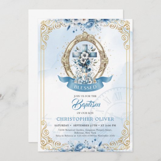 Blauw en goud rustiek houten kruis jongen Doop Kaart (Voorkant / Achterkant)