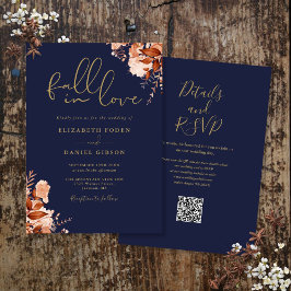 Blauw en goud rustieke bloemencode QR trouwfeest Kaart