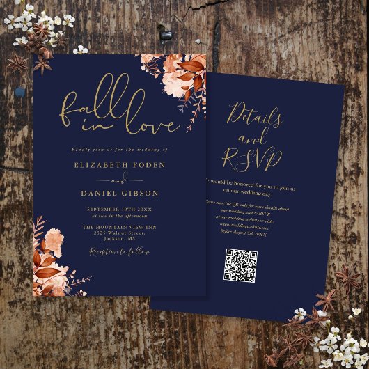 Blauw en goud rustieke bloemencode QR trouwfeest Kaart