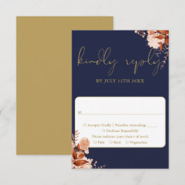 Blauw en Goud Rustieke Bloemige Trouwdag RSVP Kaartje