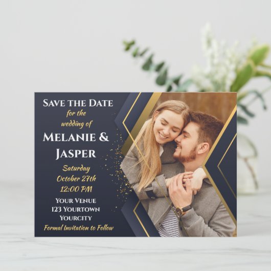 Blauw en goud save the date (Staand voorkant)