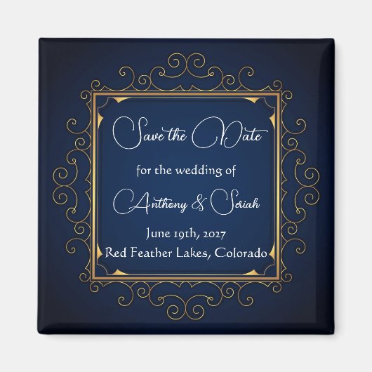 Blauw en goud "save the date" magneet (Voorkant)