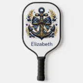 Blauw en Goud Scheepsanker Gepersonaliseerd Pickleball Paddle (Achterkant)