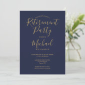 Blauw en goud script pensioenfeest kaart (Staand voorkant)