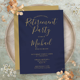 Blauw en goud script pensioenfeest kaart