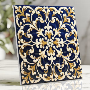 blauw en goud scrollwork tegeltje