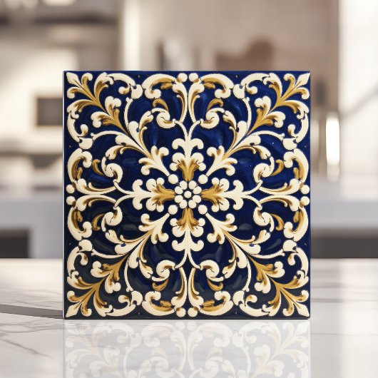 blauw en goud scrollwork tegeltje