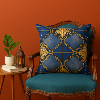Blauw en Goud Sierlijk Marokkaans Tegelpatroon Kussen