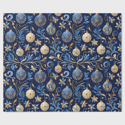 Blauw en Goud Sierlijke Design Kerst Cadeaupapier (Vlak)