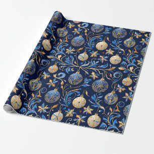 Blauw en Goud Sierlijke Design Kerst Cadeaupapier