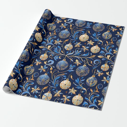 Blauw en Goud Sierlijke Design Kerst Cadeaupapier (Uitgerold)