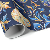 Blauw en Goud Sierlijke Design Kerst Cadeaupapier (Rol Hoek)