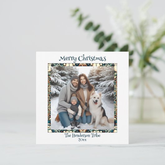 Blauw en Goud Sneeuwmannen Familiefoto Kerstmis Feestdagenkaart (Staand voorkant)