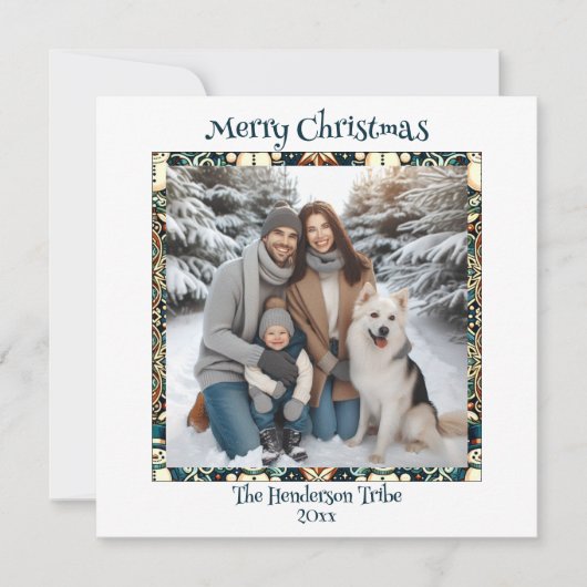 Blauw en Goud Sneeuwmannen Familiefoto Kerstmis Feestdagenkaart (Voorkant)