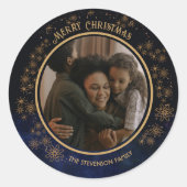  Blauw en Goud Sneeuwvlokken Kerstfoto Ronde Sticker (Voorkant)