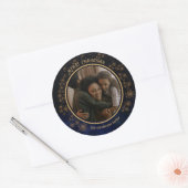  Blauw en Goud Sneeuwvlokken Kerstfoto Ronde Sticker (Envelop)
