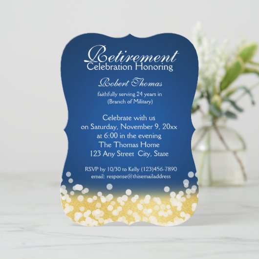 Blauw en Goud Sparkle Lights Retirement Party Kaart (Staand voorkant)