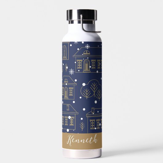 Blauw en Goud Stadslandschap Kerstvakantie Waterfles (Links)