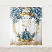 Blauw en Goud Sweet 16 Verjaardagsfeestje Achtergr Wandkleed (Voorkant)