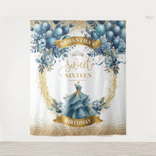 Blauw en Goud Sweet 16 Verjaardagsfeestje Achtergr Wandkleed (Voorkant)