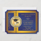 Blauw en Goud Ticket Graduation Party Kaart (Voorkant)