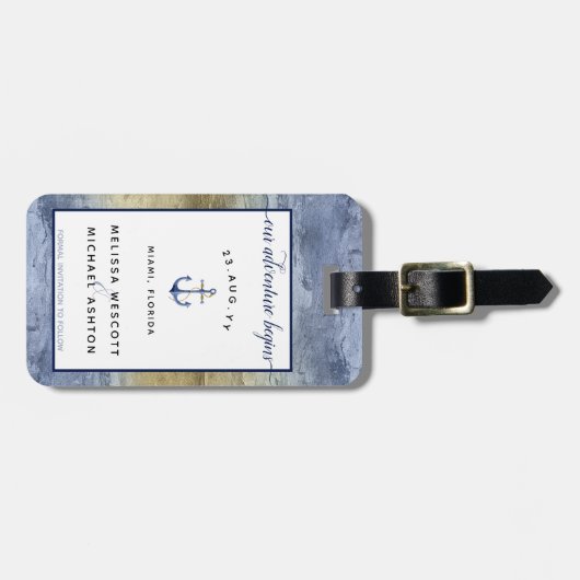 Blauw en Goud Trouwen Save the Date Bagagelabel (Voorkant horizontaal)