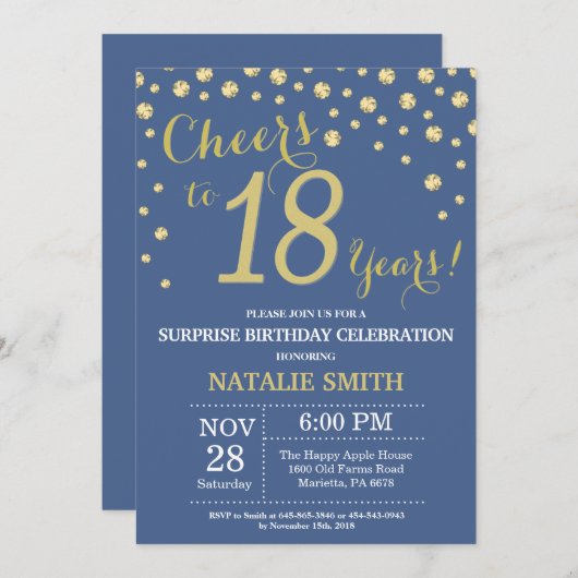 Blauw en Goud Verrassing 18e Verjaardag Diamond Kaart (Voorkant / Achterkant)
