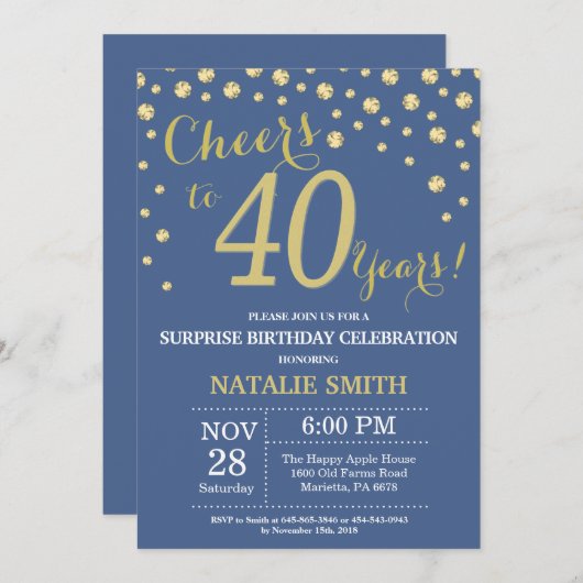 Blauw en Goud Verrassing 40ste Verjaardag Diamant Kaart (Voorkant / Achterkant)