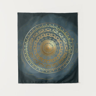Blauw en goud versierde krul wandkleed
