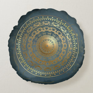 Blauw en goud versierde zwier rond kussen
