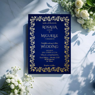 Blauw en goud vintage bloemrijke elegante trouw  folie uitnodiging