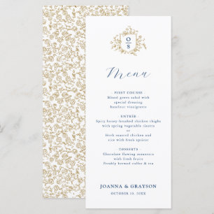 Blauw en goud vintage botanische bruiloft menu