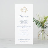 Blauw en goud vintage botanische bruiloft menu (Staand voorkant)