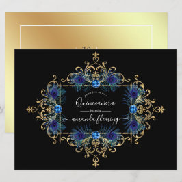 Blauw en goud vintage pauw bloemige Quinceañera Kaart