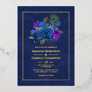 Blauw en Goud Vintage Pauw Huwelijk Folie Uitnodiging