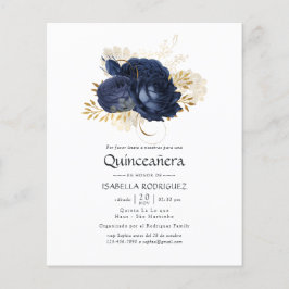 Blauw en goud vintage roos Quinceañera uitnodiging Flyer