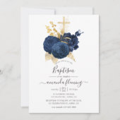 Blauw en Goud Vintage Roze Doopfeest Kaart (Voorkant)