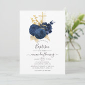 Blauw en Goud Vintage Roze Doopfeest Kaart (Staand voorkant)