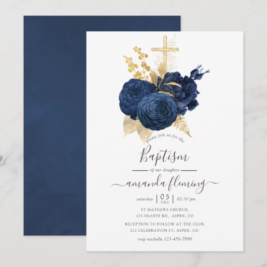 Blauw en Goud Vintage Roze Doopfeest Kaart (Voorkant / Achterkant)