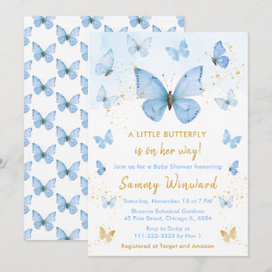 Blauw en Goud Vlinder Baby Shower Kaart