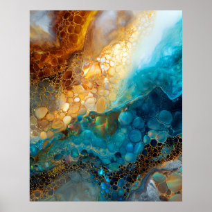 Blauw en Goud Vloeibare Kunst Abstract Poster