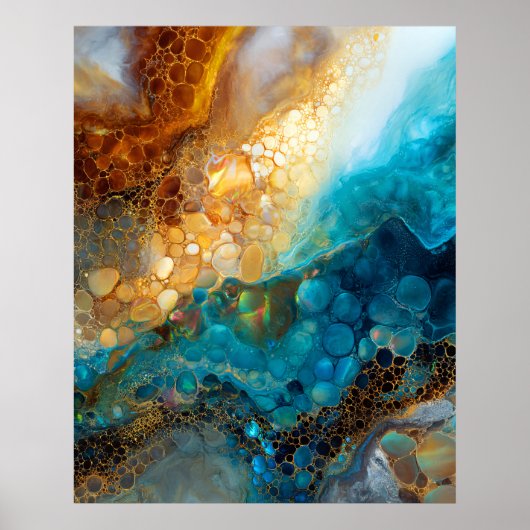 Blauw en Goud Vloeibare Kunst Abstract Poster (Voorkant)