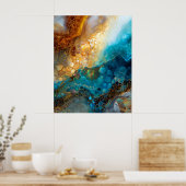 Blauw en Goud Vloeibare Kunst Abstract Poster (Keuken)