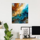 Blauw en Goud Vloeibare Kunst Abstract Poster (Thuiskantoor)